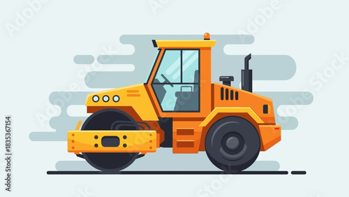 A vibrant yellow road roller depicted in a clean, modern flat vector illustration style. This heavy construction machinery is essential for paving and compacting surfaces
