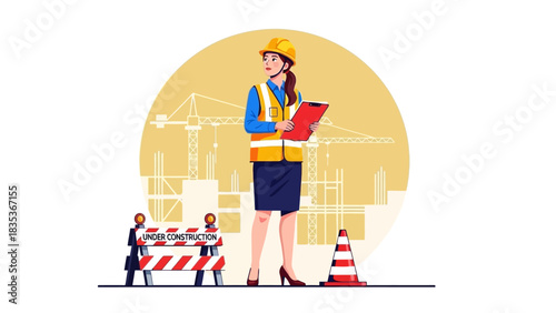 A professional female engineer in a safety vest and hard hat stands with a clipboard at a building construction site