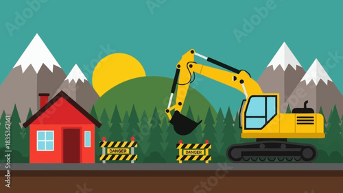 Excavator digging a trench for road work on a construction site near a residential house, symbolizing future infrastructure development