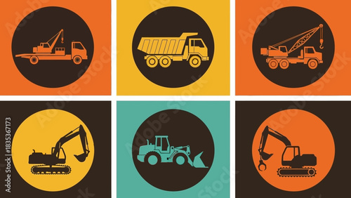 A versatile collection of flat design construction vehicle icons featuring a dump truck, excavator, and crane for industrial or building projects
