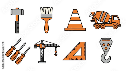 A vibrant set of construction line icons, including essential building tools, heavy machinery like a crane and cement mixer, for engineering projects