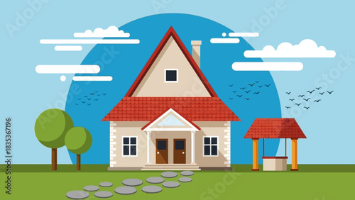 Vector illustration of a traditional suburban house with a red roof, a front garden, and a water well under a blue sky
