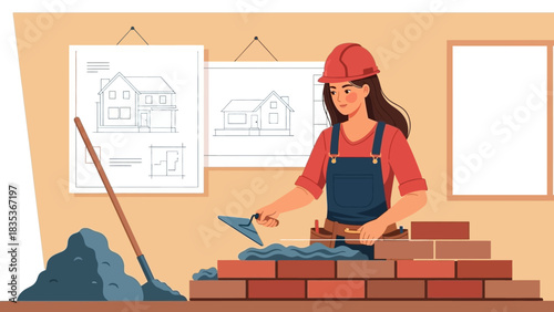 Female bricklayer in a hard hat building a brick wall with architectural blueprints in the background. Women in construction concept