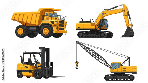 Collection of yellow heavy construction and industrial machinery, featuring a dump truck, excavator, forklift, and crane in a flat vector illustration style