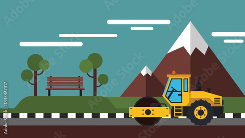 Vector illustration of a yellow road roller paving an asphalt highway against a scenic mountain landscape