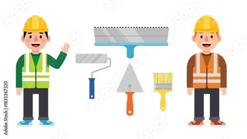 Collection of cartoon construction worker characters and a set of professional renovation tools for painting and plastering projects 489