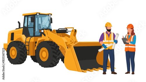 Construction site crew with a front loader heavy equipment vehicle discussing project plans illustration