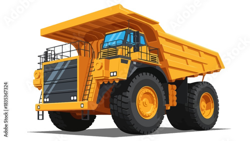 A detailed vector illustration of a massive yellow mining haul truck used for heavy-duty quarrying and industrial construction projects