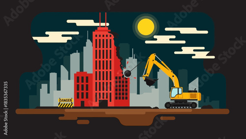 Vector illustration of an excavator at a nighttime construction site, demolishing a building for urban redevelopment and progress
