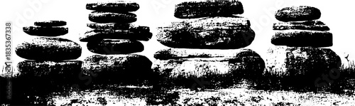 Black and white stencil of a stone cairn cluster for urban art and design