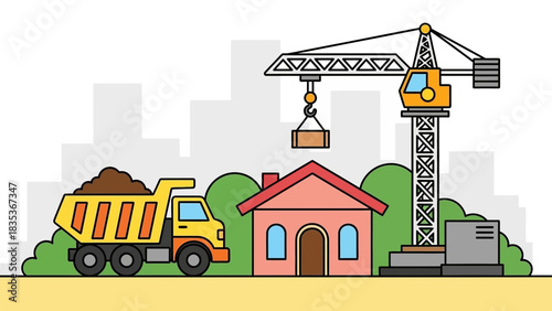 Conceptual illustration of urban residential construction featuring a tower crane, dump truck, and a newly built home
