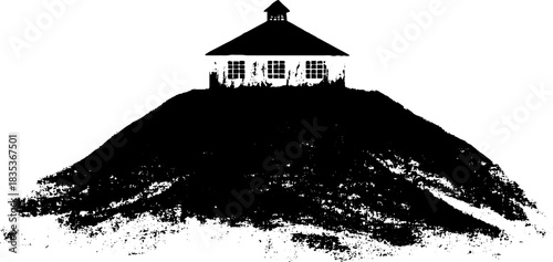 Black and white stencil art of a compact hilltop house silhouette