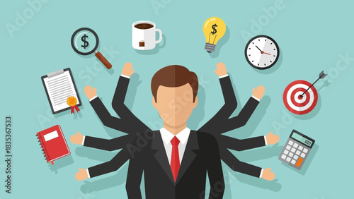 Vector illustration of a versatile manager showcasing multitasking skills and effective business management for future productivity goals