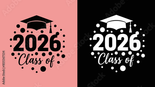 Class of 2026 graduation vector design. A graphic with a mortarboard hat and celebratory confetti for the graduating senior class