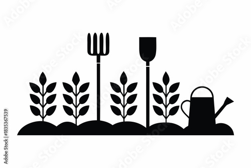 Gardening tools and plants silhouette vector illustration isolated on white background