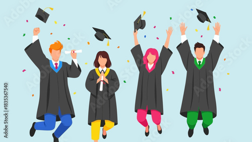 Joyful group of diverse students celebrating their 2026 university graduation. Happy people in academic gowns jumping and throwing caps in the air