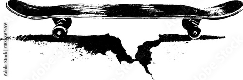 Black and white stencil of cracked longboard on grunge background