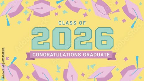 Congratulations graduate vector illustration for the year 2026 featuring celebratory caps, stars, and a decorative banner