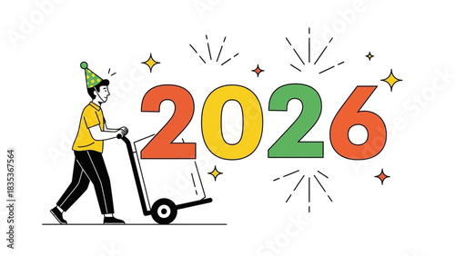 Illustration of a delivery man with a hand truck bringing in the new year 2026 with a celebratory party hat and fireworks