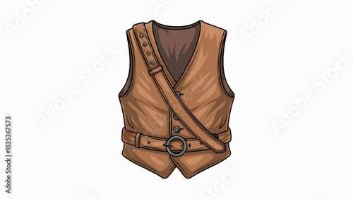 Brown leather vest with belt and shoulder strap detailed design isolated on white for apparel and fashion concepts
