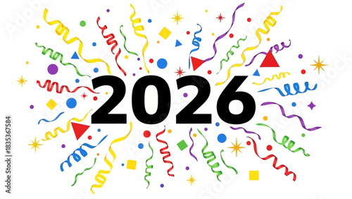 Vector illustration for the year 2026 featuring an explosion of colorful party confetti and streamers for a festive celebration
