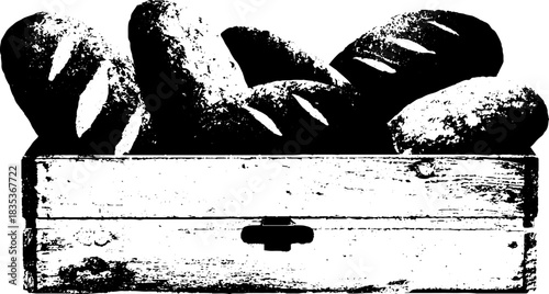 Rustic bread loaves in wooden crate stencil art for urban design