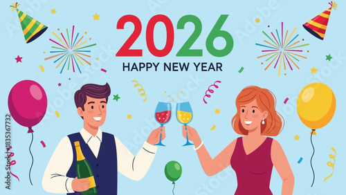 Cartoon couple in party hats toasting with drinks to welcome the year 2026 on a festive New Year's Eve background