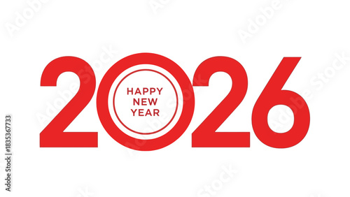 Vector design for Happy New Year 2026. Red typography logo with a circle element on a white background for festive celebration