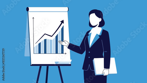 Confident female entrepreneur presents future business growth on a flip chart, showcasing a successful strategy and positive financial trends