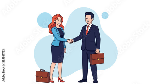 Businessman and businesswoman shaking hands, symbolizing a successful partnership agreement. Modern flat vector illustration of professional colleagues