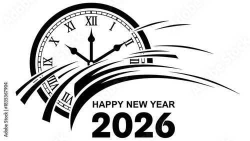 Abstract black and white graphic celebrating the arrival of Happy New Year 2026 with a countdown clock at midnight