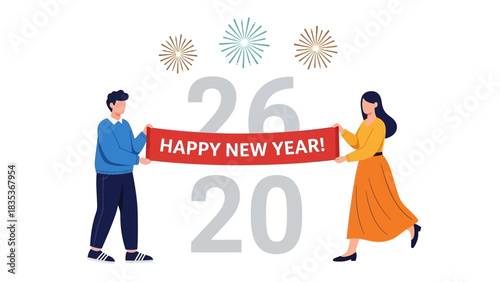 A young man and woman hold a festive red banner celebrating the arrival of the year 2026 with fireworks in the background