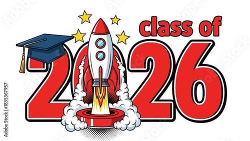 Graduation 2026 concept design with a rocket launch and mortarboard cap, symbolizing academic success and a bright future