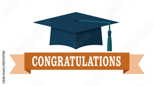 Elegant vector illustration of a dark blue graduation cap with a congratulations banner, symbolizing academic success for the graduating class of 2026