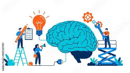 A team of tiny people working together on a large brain, symbolizing creativity, brainstorming, and mental processes