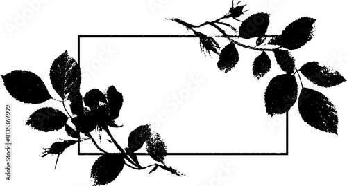 Delicate botanical frame in black and white stencil design for artistic projects