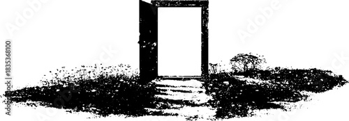 Mysterious open door in black and white stencil art for urban design