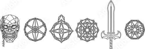 Skull geometric shapes sword fantasy design outline art vector illustration