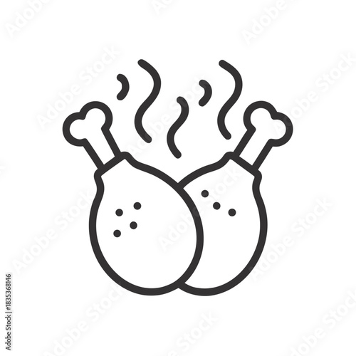 A simple black and white line art icon depicting two hot, steaming chicken drumsticks with visible bones and small dots.