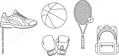 Sports equipment shoe basketball boxing gloves tennis racket ball backpack