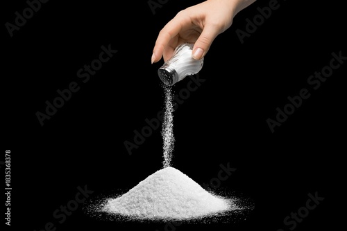 Tableau sur toile Hand pouring salt from a shaker, creating a pile on a black background, illustra