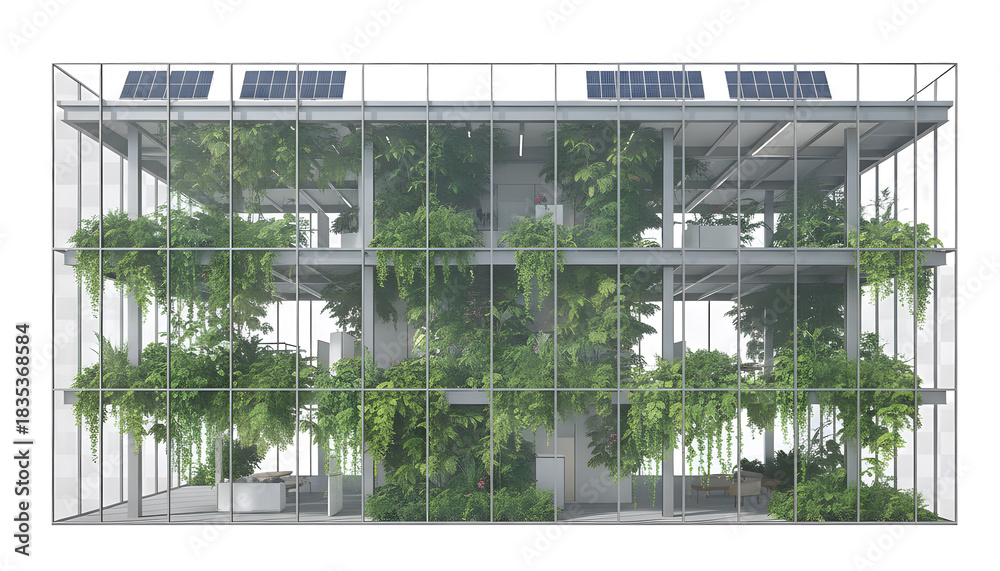 Obraz premium Modern eco friendly building structure with glass walls and indoor vertical garden