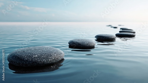 A serene image of stepping stones across tranquil water, leading toward a blurred horizon