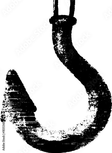 Black and white stencil art of hand forged iron hook for industrial design