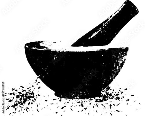 Black and white stencil of handmade herbal mortar and pestle with organic texture