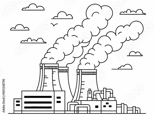Linear drawing of a nuclear power plant emitting smoke into the atmosphere with stylized clouds in the sky illustration