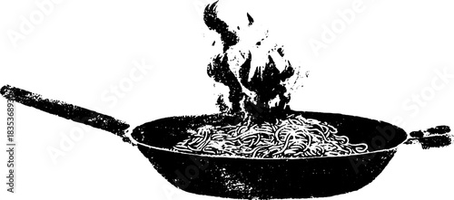 Black and white stencil of sizzling hot pan with noodles for culinary art and design
