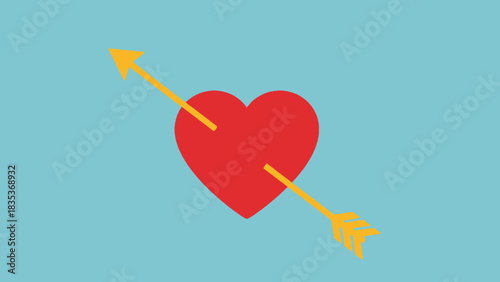 A classic symbol of love, a red heart pierced by a golden arrow on a light blue background.