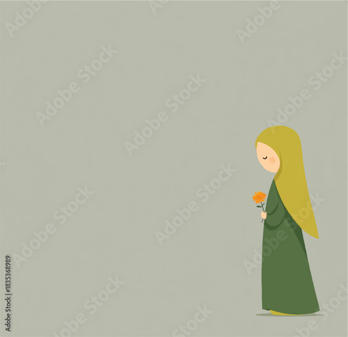 Muslim woman in green and yellow holding flower flat illustration