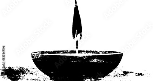 Black and white stencil of a candle in bowl - grunge art for creative design projects